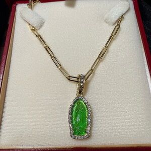 Gold Chain Necklace Paperclip with Green Virgin Mary Pendant gold filled